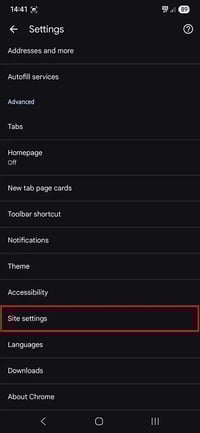 Site settings in menu