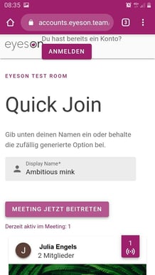 Screenshot Quick Join Seite nach gestartetem Meeting auf Smartphone