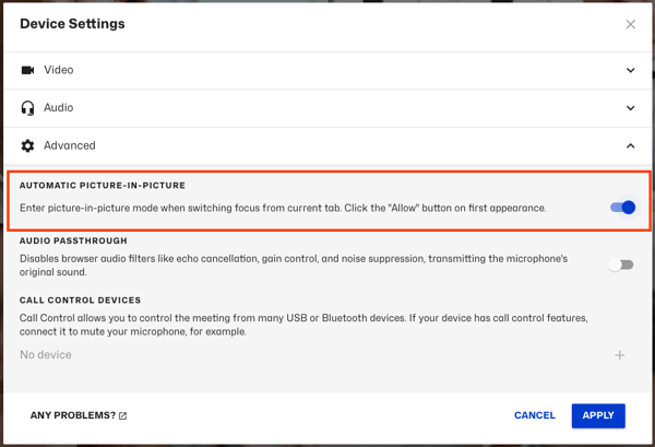 device settings pip option
