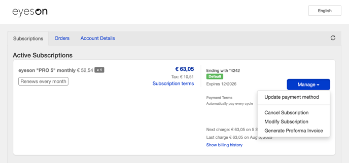 Screenshot Manage Subscription