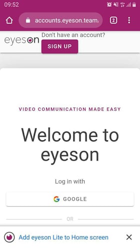 screenshot of the android Chrome browser with eyeson Lite pop-up