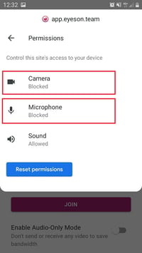 Screenshot of Smartphone browser allow access mic and camera