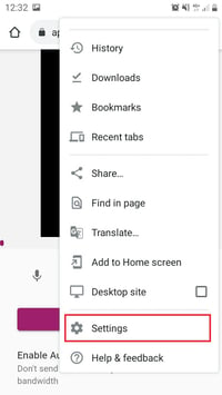 Screenshot of smartphone browser settings