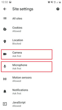 Screenshot of smartphone site settings allow camera and mic