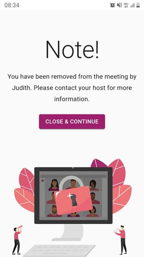 The participant receives a message when he is removed from the meeting (mobile view).)