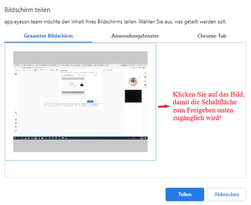 Screenshot Bildschirmfreigabe Pop-up