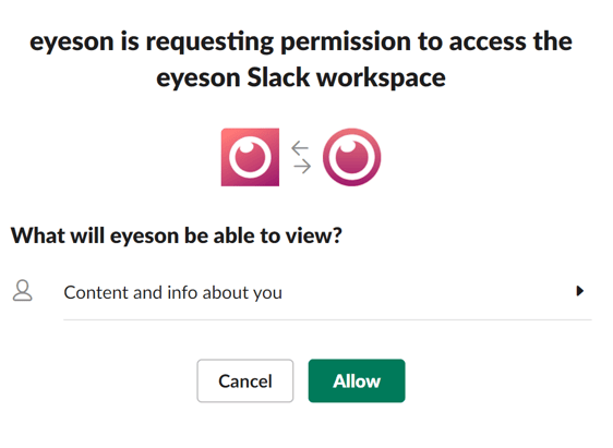 eyeson is requesting permission to access the eyeson Slack workspace