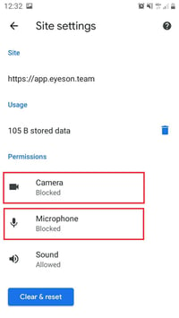 Screenshot of smartphone browser site settings all sites appeyeson cam and mic