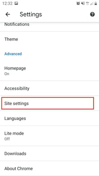 Screenshot of smartphone browser website settings