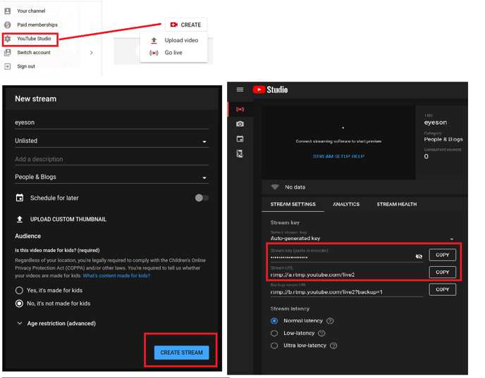 Screenshot of YouTube live streaming settings