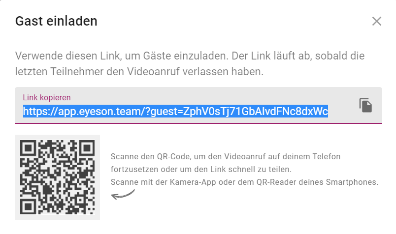 Screenshot vom Gast einladen Pop-up